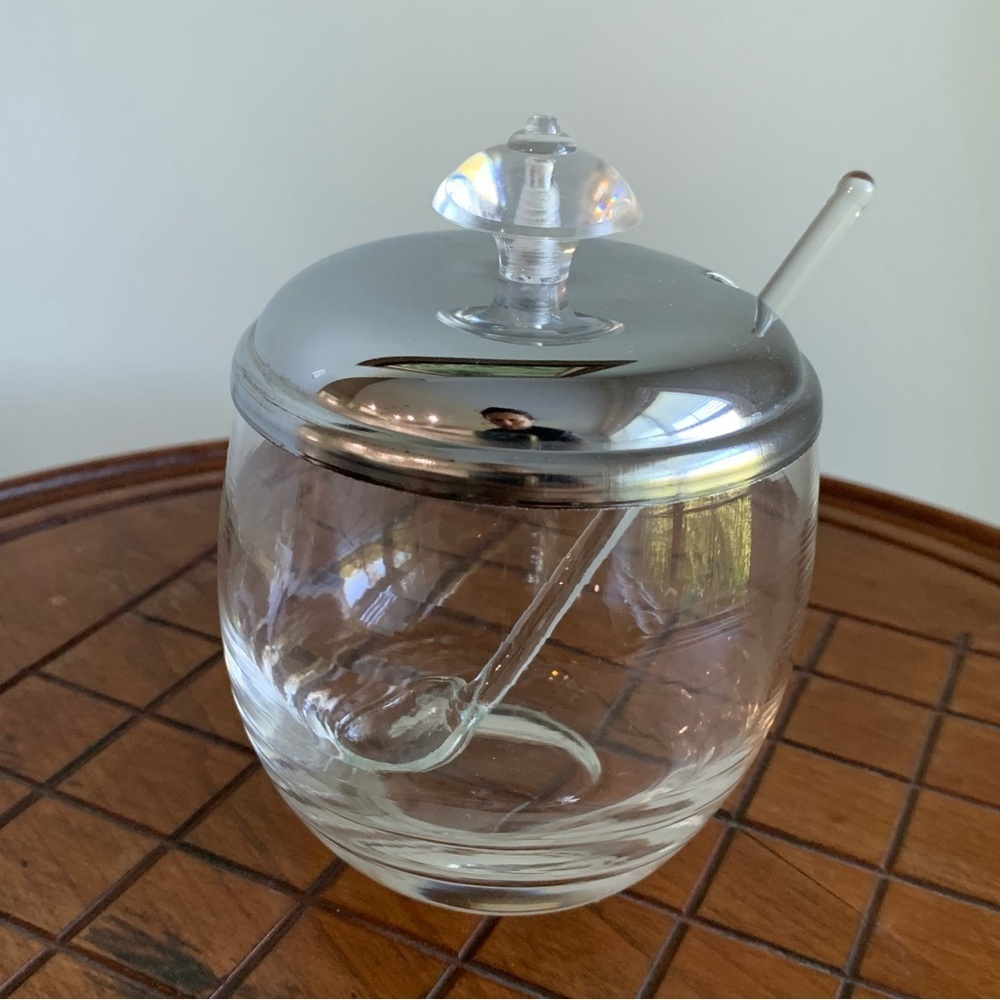 Mid-Century Glass Condiment Set: Sugar Bowl, Spoon, Stainless Lid
